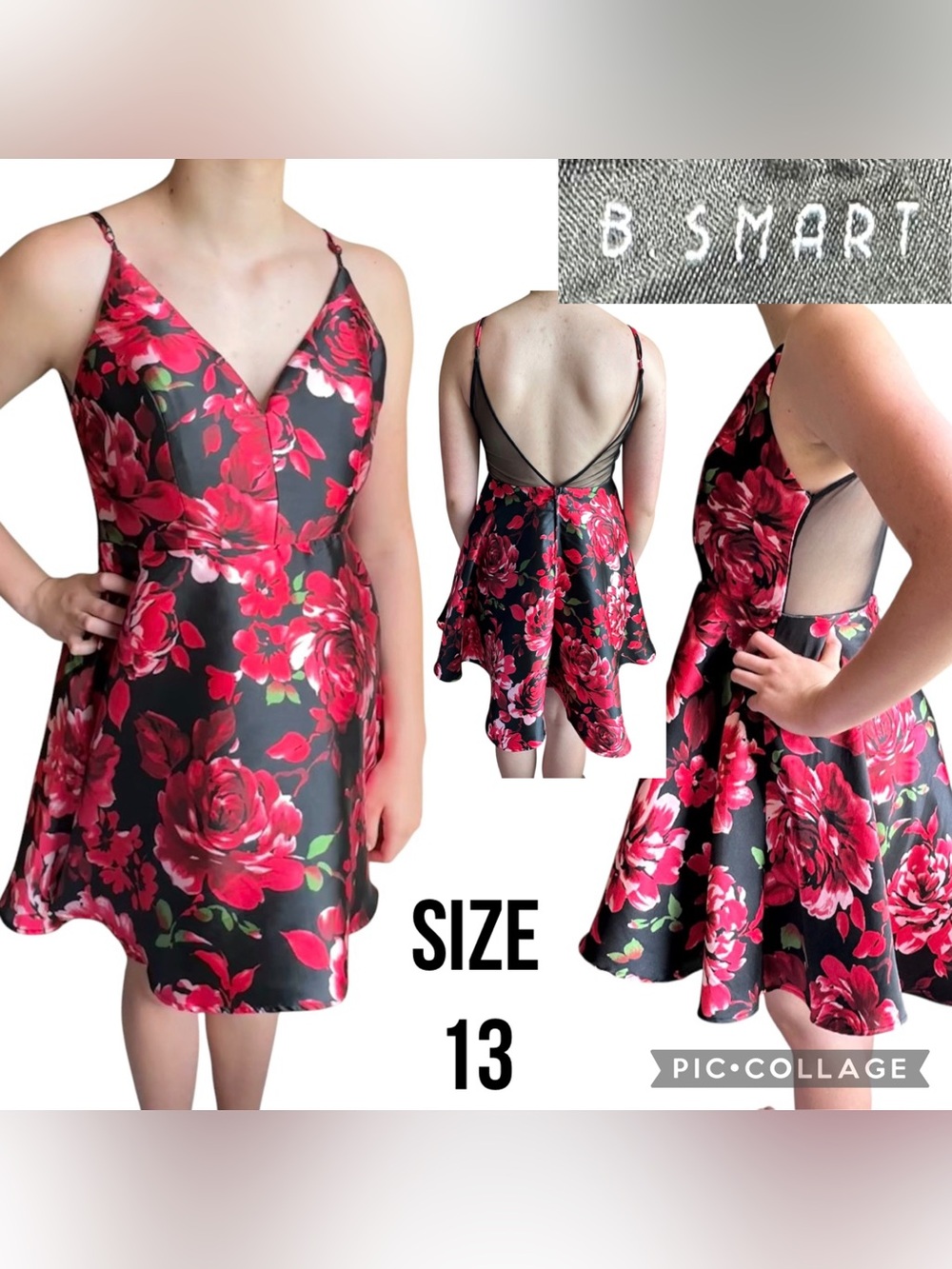 B. Smart Junior’s Dress V-Neck Red Floral Fit & Flare Homecoming Party Size 13